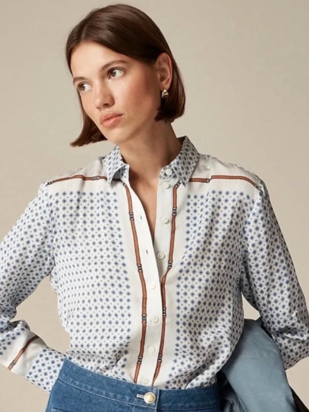 J.Crew Drapey Scarf Print Shirt Medium Coastal Cowgirl Quiet Luxury Sold Out